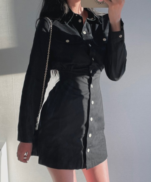 카라 셔츠 버튼 자켓 미니 원피스 드레스 (블랙, 아이보리)